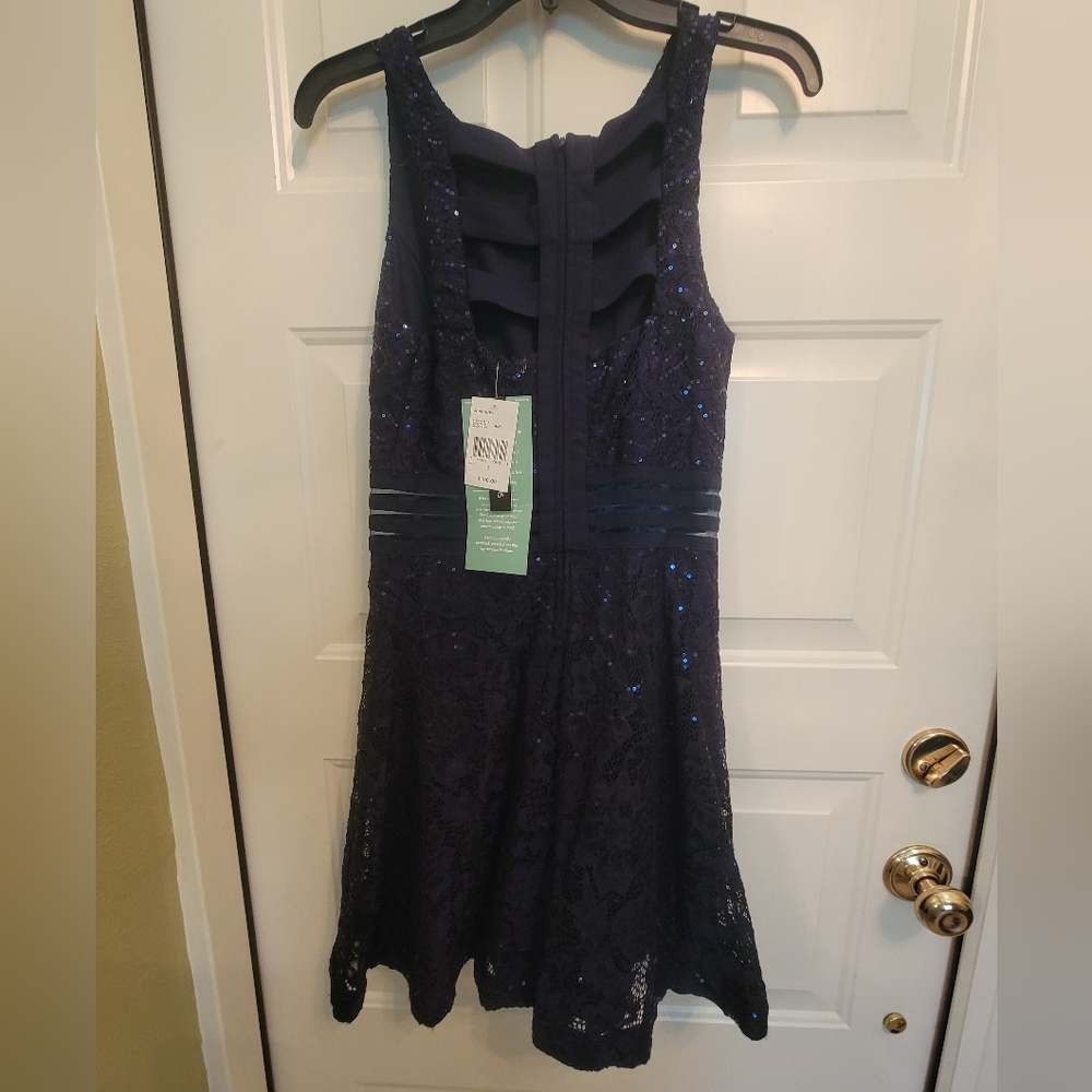 NWT Speechless Sparkly Navy Blue dress with peek a boo back and mesh waist sz 9